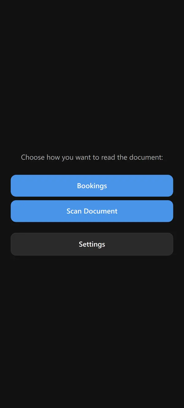 Mobile home screen with two blue buttons (Bookings, Scan Document) and a grey Settings button