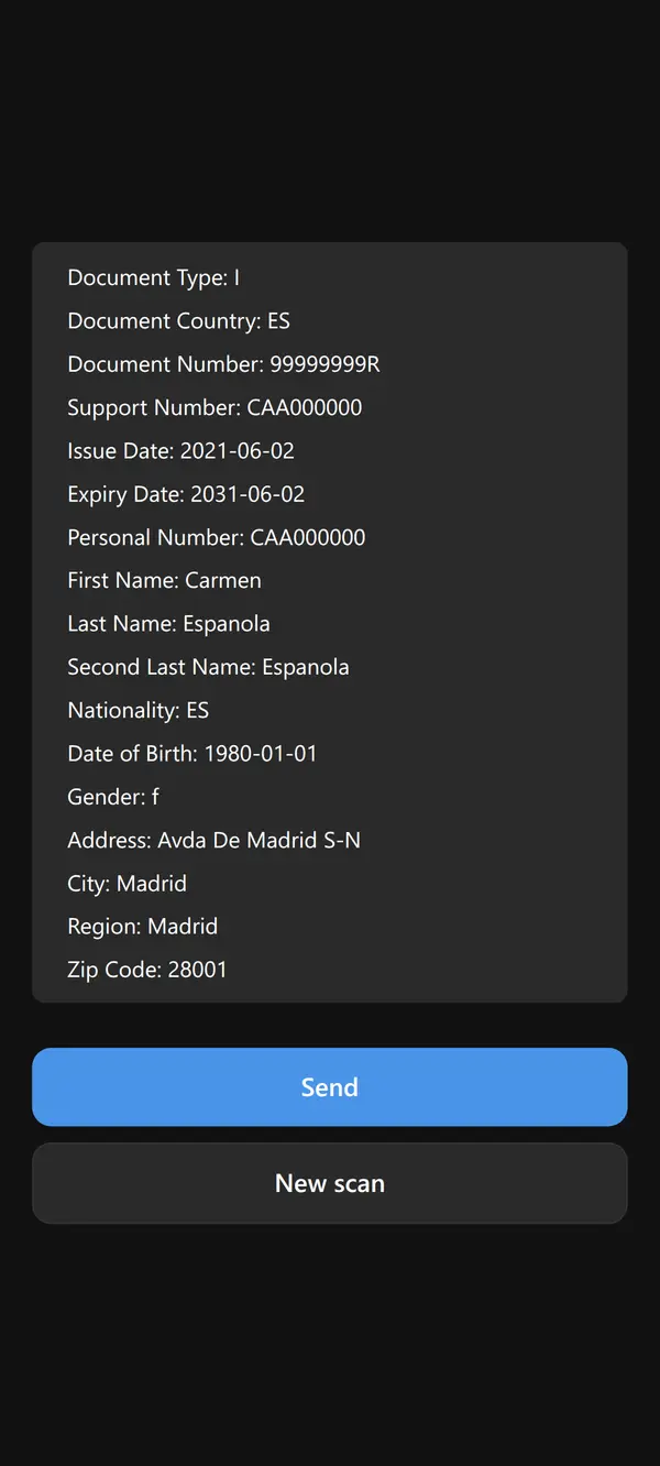Scan result on the phone with extracted document fields and Send / New scan buttons