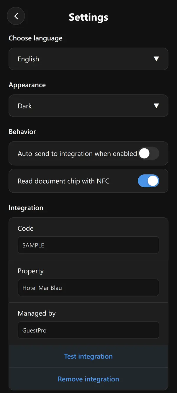 DocuGuest mobile Settings screen with the Integration section: the Code field, Property with the hotel name and Managed by GuestPro